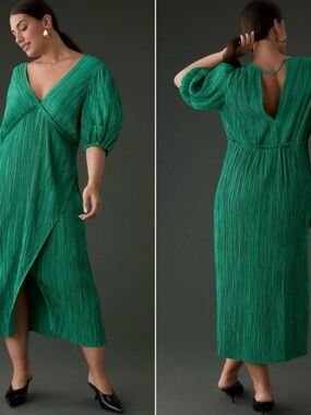 Anthropologie V-Neck Plisse Pleated Satin Midi Dress in Green (Size Large)
